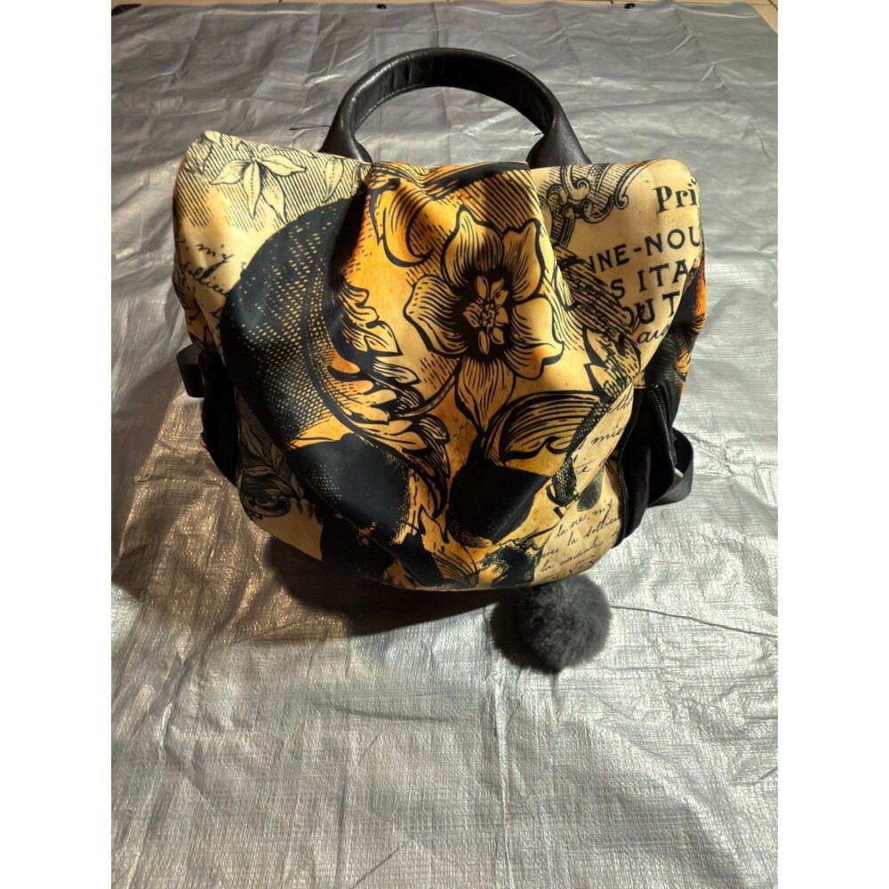 Skull Print Mini Backpack Purse Women Yellow Black Script Floral Goth Pom Pom